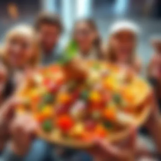 A colorful bowl filled with a fun mix of ingredients representing the daily bath emergency slop, surrounded by cheerful people enjoying their meal.