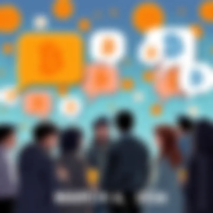 People engaging in a lively conversation about Bitcoin with speech bubbles and Bitcoin symbols in the background.