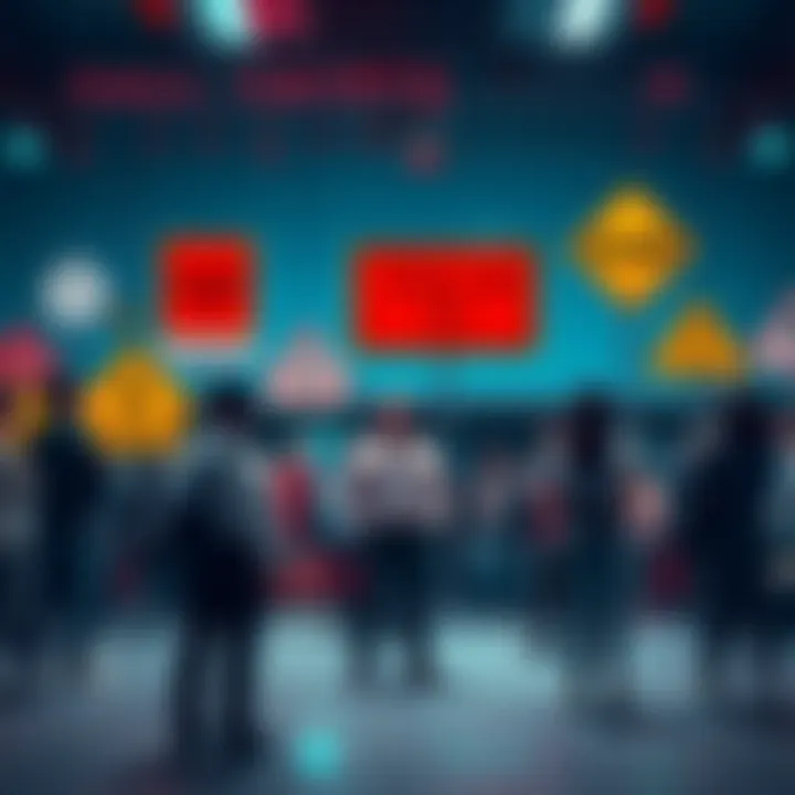 People discussing cryptocurrency insights with caution signs for scams in background