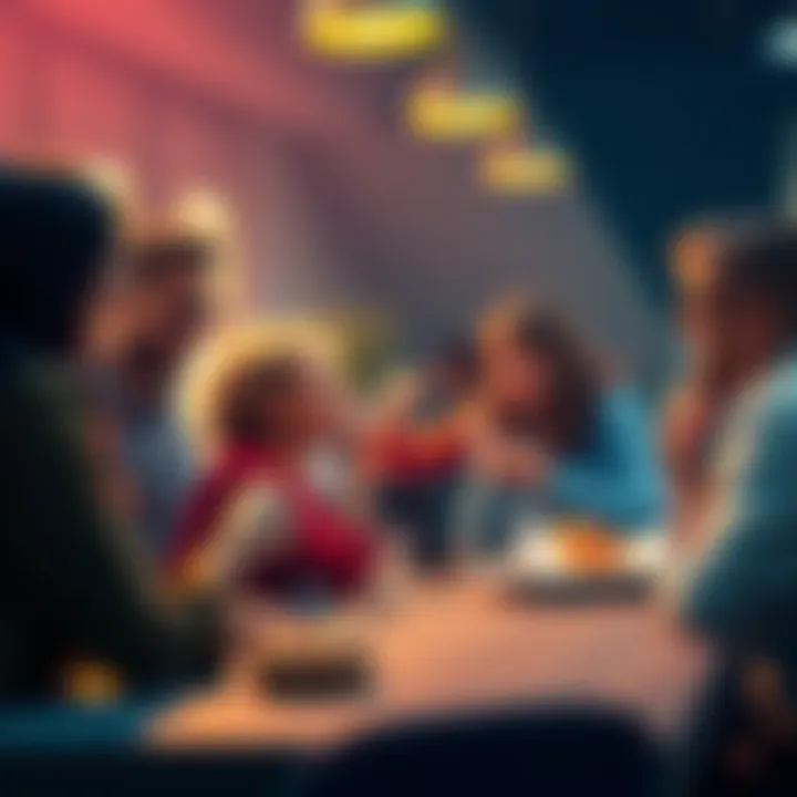 A group of people engaging in conversation, with donuts on a table, creating a friendly atmosphere.