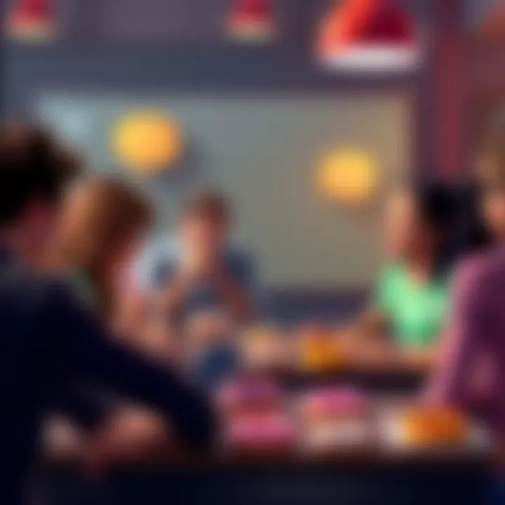 Daily General Discussion on Donuts A lively group of people discussing donuts, with colorful donuts displayed on a table and speech bubbles indicating conversation.