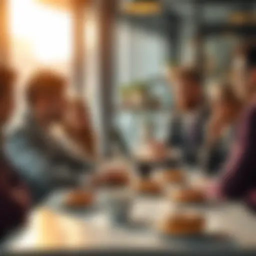 People engaging in a lively discussion with coffee and donuts on a table