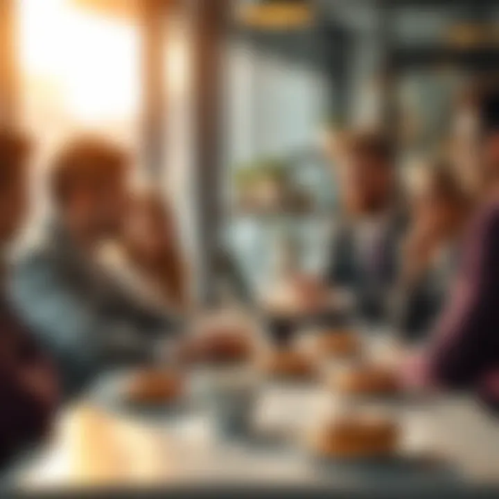People engaging in a lively discussion with coffee and donuts on a table