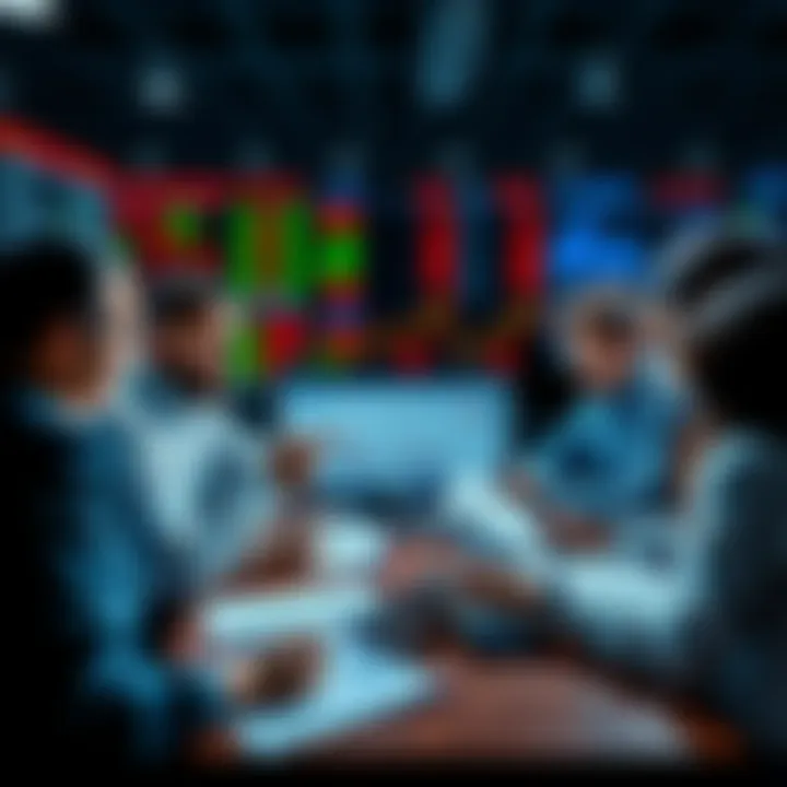 A group of people discussing trading strategies and current events with charts and notes in front of them.