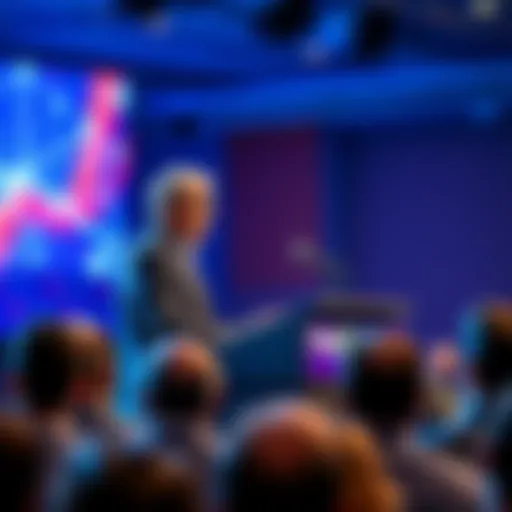 Dale Chrystie Speaking at a Conference Dale Chrystie from FedEx discussing blockchain's impact on logistics at a podium, surrounded by audience members