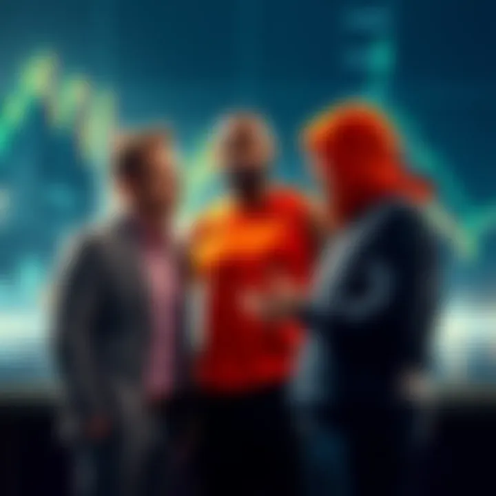 Damon, LeBron, and Eminem Investing Together Matt Damon, LeBron James, and Eminem standing together, discussing investment opportunities with a backdrop of financial graphs.
