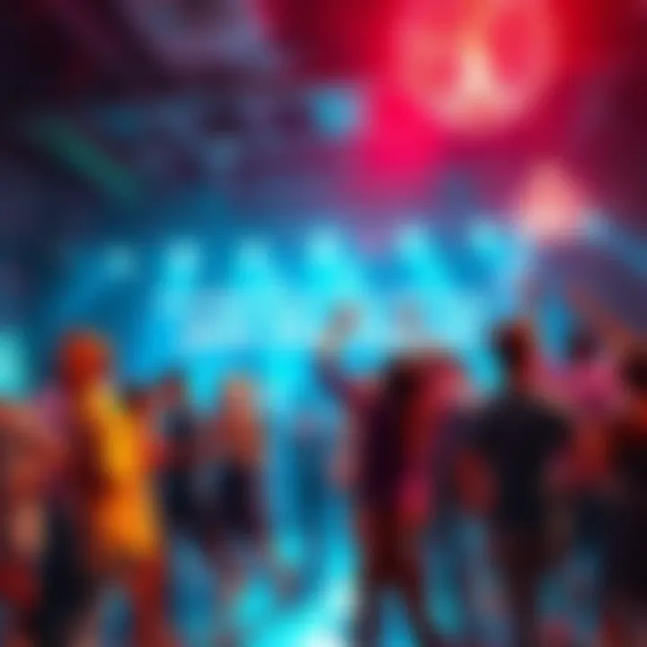 A group of people joyfully dancing together at a vibrant dance event, celebrating with music and movement.