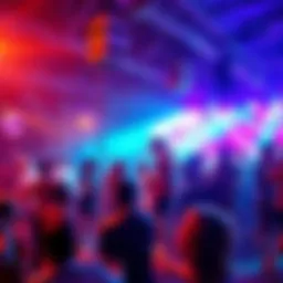 Crowd dancing at a lively party with colorful lights and music