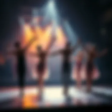 A group of dancers showcasing choreography on stage, highlighting contrast between high-priced and standard performances, with a crowded audience in the background.