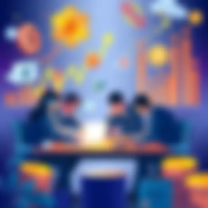 Illustration showing a team of developers working on compliance and tax obligations for DApp payments, with symbols of wallets and financial charts in the background.