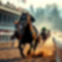 A powerful horse galloping ahead in a race, capturing the attention of fans and bettors.