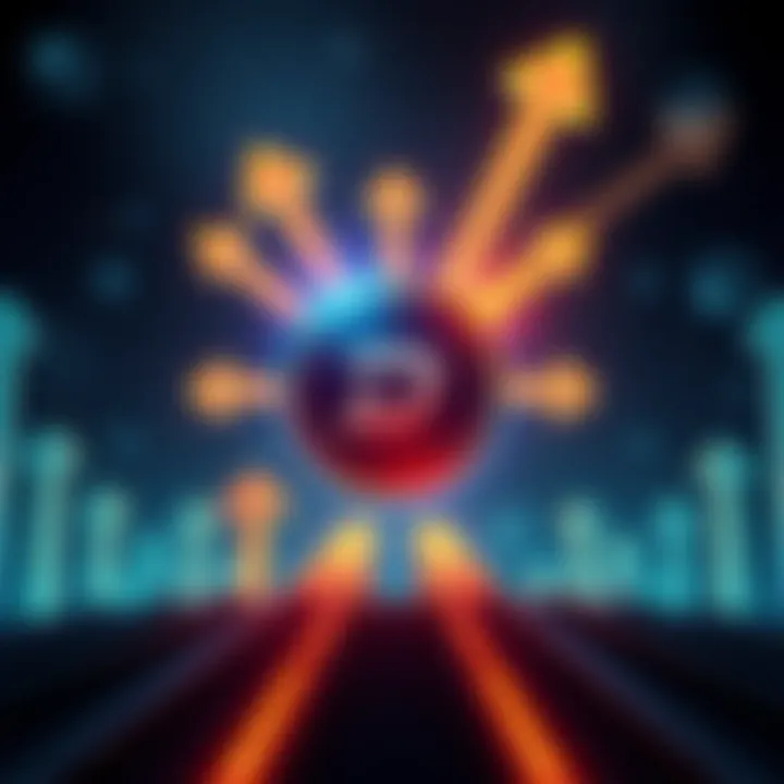 The Dash cryptocurrency logo surrounded by arrows pointing upwards, symbolizing growth and success in 2025