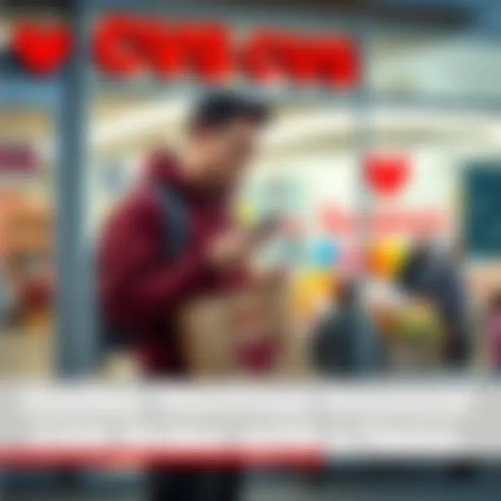 A dasher standing outside a CVS store looking at a phone with a shocked expression, holding a delivery bag. The background shows the CVS logo and a colorful pile of candy and a humorous surprise item ...