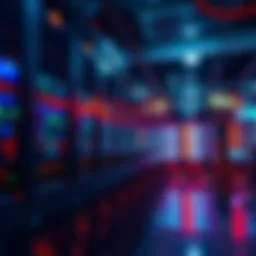 Large data center filled with servers mining cryptocurrency, showcasing racks and digital screens