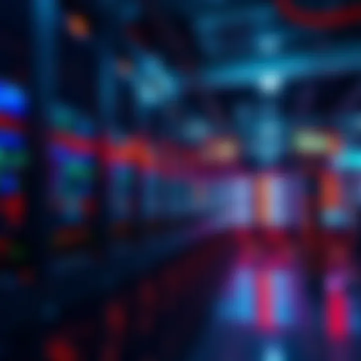 Large data center filled with servers mining cryptocurrency, showcasing racks and digital screens