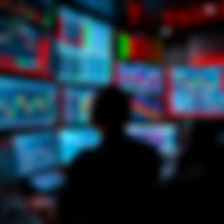 A person sitting in front of multiple screens displaying stock charts and market data, focused on day trading