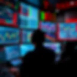 Day trader analyzing stock data A person sitting in front of multiple screens displaying stock charts and market data, focused on day trading