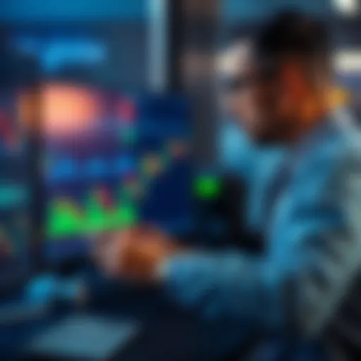A day trader looking at financial charts with EMAs and MACD indicators on a computer screen