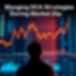 A graph showing a market dip with highlighted Dollar Cost Averaging points and a person contemplating investment decisions, surrounded by financial charts and data.