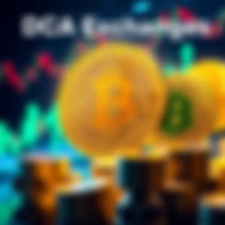 A graphic showing Bitcoin symbols with automated trading elements and low fee indicators, representing dollar-cost averaging exchanges in Europe.