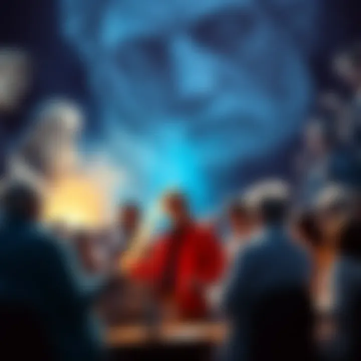 Debate on Stopping Burns A group of people discussing in a heated debate about stopping burns and budget allocation, with a backdrop of historical figures like Plato depicted lightly.