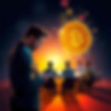 A split image showing a man tweeting on a smartphone and a group of people debating at a round table, highlighting the discussion on Bitcoin's future.