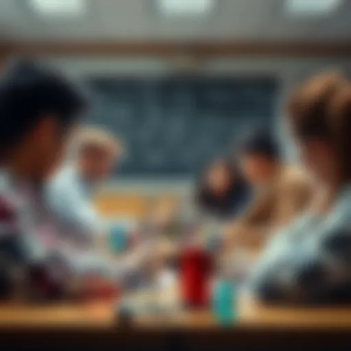 A group of students discussing and debating the challenges of Physics, Chemistry, and Maths in a classroom setting.