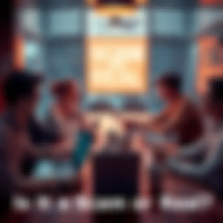 People discussing whether a project is a scam or legitimate at a table with laptops and coffee cups