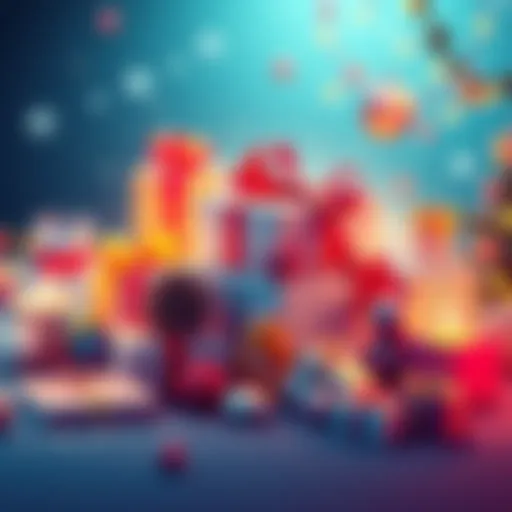 A festive illustration showcasing various gift items and experiences such as fitness gear and spa services for December rewards.