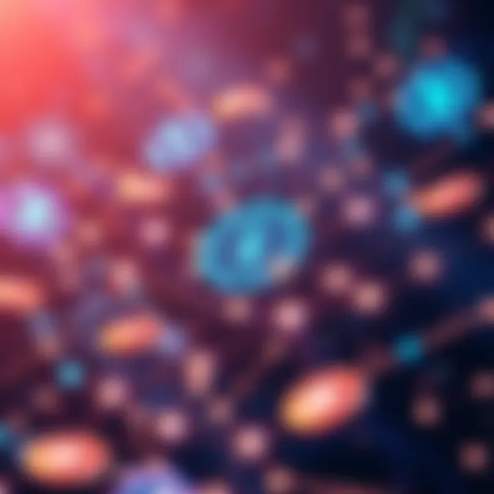 A visual representation of decentralized governance with AI managing blockchain operations without a CEO, featuring digital tokens and network connections.