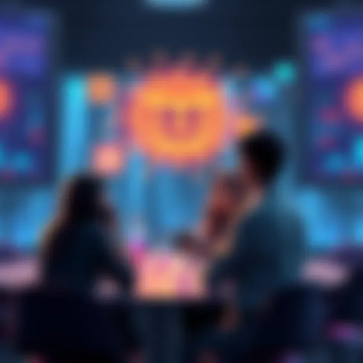 People engaging in a conversation about Polkadot's Join-Accumulate Machine, surrounded by digital symbols representing trust and technology.