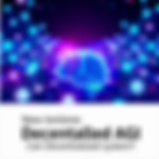 An illustration showing a network of interconnected nodes symbolizing decentralized systems, with a brain graphic representing artificial intelligence using ternary logic, surrounded by evolving patte...