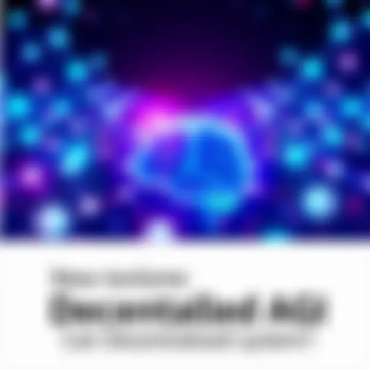 An illustration showing a network of interconnected nodes symbolizing decentralized systems, with a brain graphic representing artificial intelligence using ternary logic, surrounded by evolving patte...