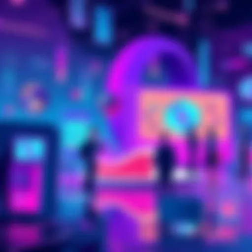 Illustration of a decentralized e-commerce platform with digital creators interacting, showcasing features like revenue sharing and NFT invoices.