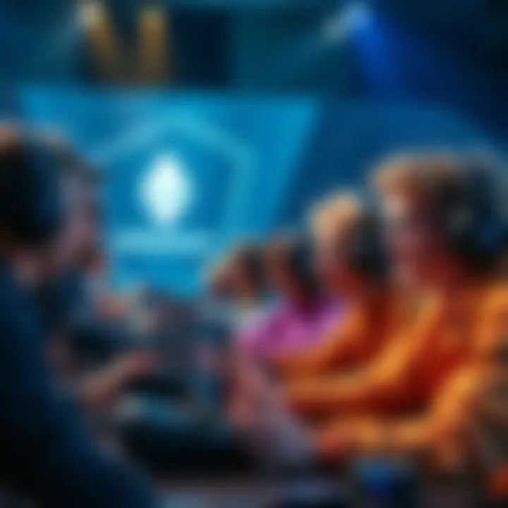 A graphic showing diverse gamers engaging in competitive gaming on a decentralized platform with Ethereum branding in the background.