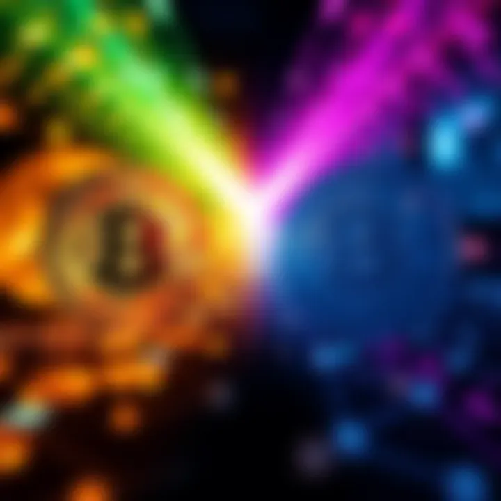 A visual comparison showing decentralized cryptocurrency symbols on one side and centralized banking symbols on the other, representing the shift in cryptocurrency.