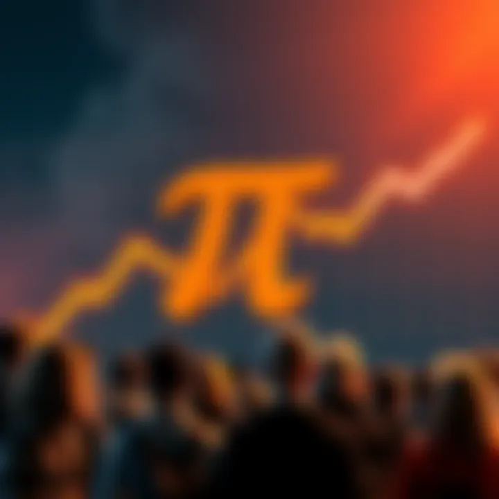 Graph showing the drop in Pi's value from £3 to £0.06 with shocked people looking on.