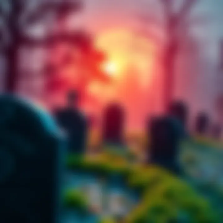 A graveyard scene with tombstones representing failed cryptocurrencies like Nano and IOTA, symbolizing their decline and lost potential.