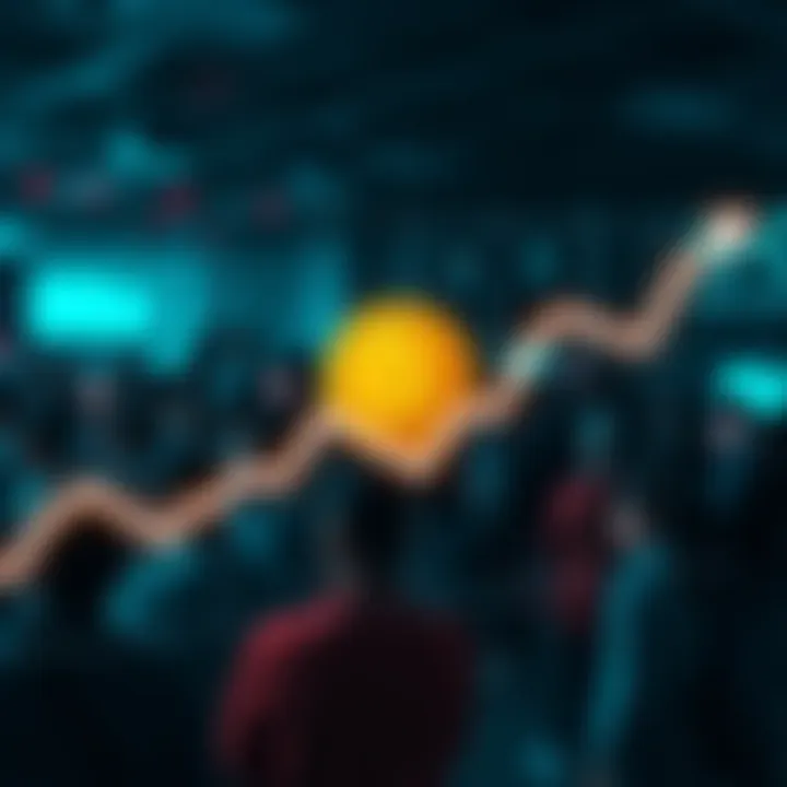 Declining Dogecoin Popularity A graph showing a downward trend in Dogecoin's value with a background of disappointed people looking at their screens.