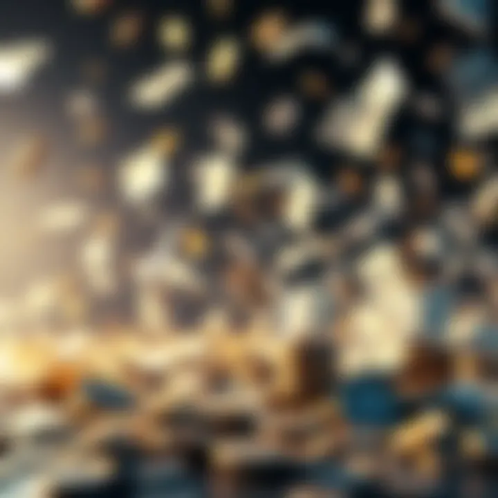 Declining Fiat Currency Illustration of falling fiat currency bills and coins, representing the decline of traditional money as alternative currencies rise.