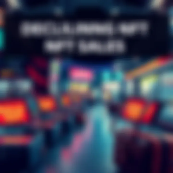 A visual representation of a downward trend in NFT sales, featuring graphics of NFTs with 'sold out' signs and empty wallets.