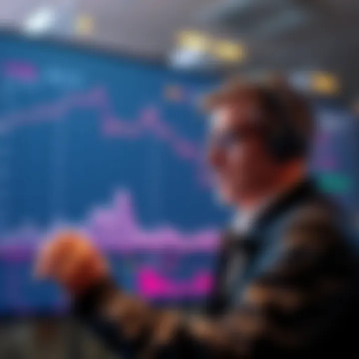Graph showing a downward trend in cryptocurrency values alongside a worried investor looking at a screen