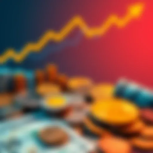 Declining Currency Value A visual representation of various government currencies losing value over time, featuring coins and banknotes with a downward trend graph in the background.