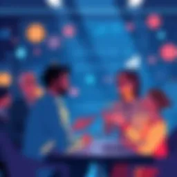 An illustration showing people engaging in a discussion about governance rights in a digital platform, with symbols of tokens and voting icons in the background.