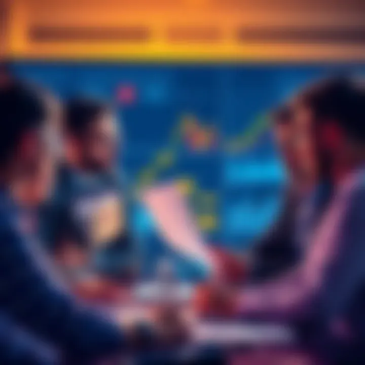 A group of experienced people discussing strategies for borrowing in decentralized finance, with charts and graphs in the background.