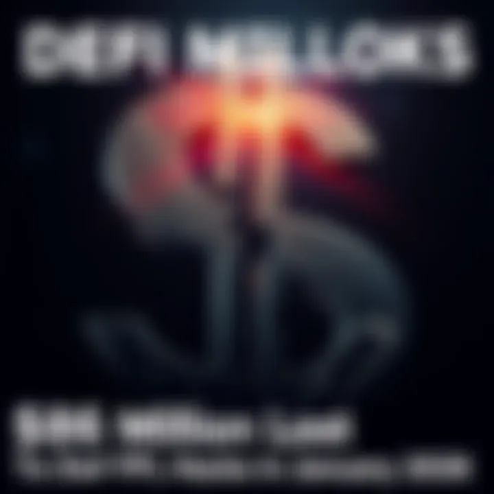 A graphic showing a large dollar sign with a broken chain link symbolizing DeFi hacks, with a dark background representing financial loss.