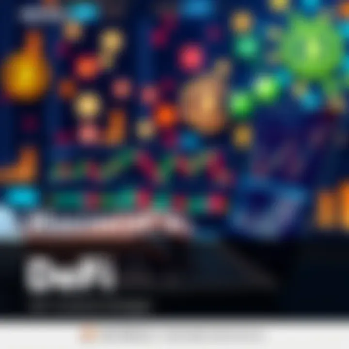 A person analyzing financial charts on a laptop with cryptocurrency symbols in the background, representing decentralized finance