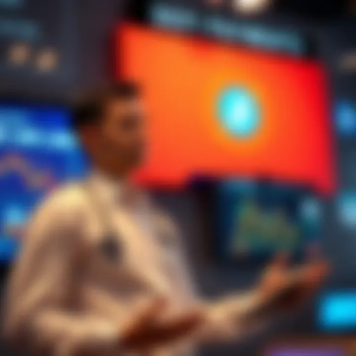 A professional presenting an update on Defi Payments and the Second Distribution process in front of a digital screen.