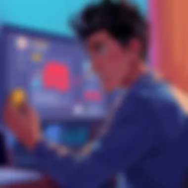 A worried investor looks at a computer screen showing a crashed website and a deleted Discord server while holding a token in hand