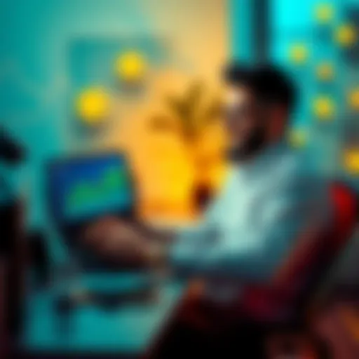 A person sitting at a desk, happily checking their earnings from a DeFi staking platform on a laptop, surrounded by symbols of digital currency and financial growth.